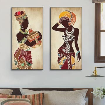 Set van 3 Afrikaanse Vrouwen Canvas Schilderijen - Vintage W, Verzenden