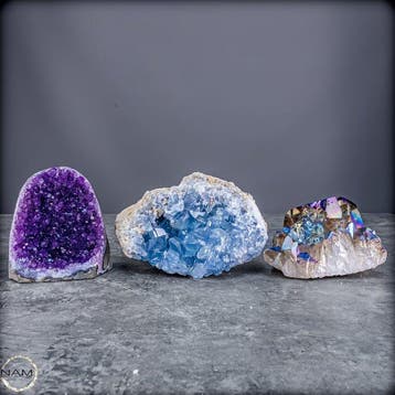 Drusen-set van amethist, celestiet & aura-kwarts –