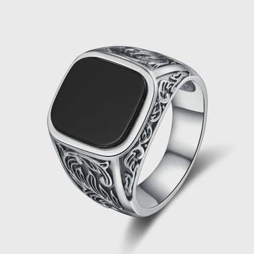 Heren Ring Zwart Onyx Vierkant 12x14mm Vintage Sterling Zilv, Verzenden, Nieuw