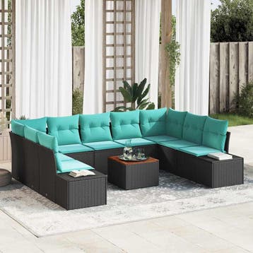 vidaXL Tuin Sofa Set 10 st Zwart en turquoise, Verzenden, Nieuw, Rotan, Meer dan 8 zitplaatsen