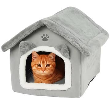 Purlov Grijs kattenhuis – pluche bed met dak en kussen, Ophalen of Verzenden, Nieuw