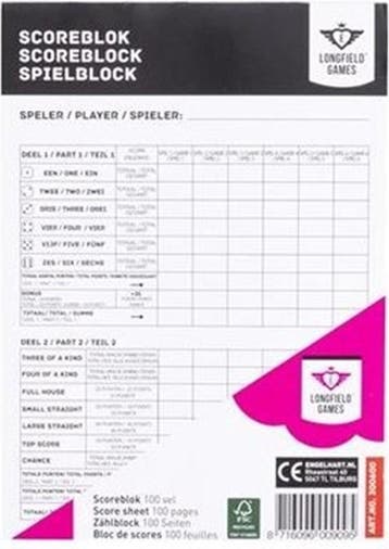 Scoreblok Yahtzee | Longfield - Spelonderdelen, Verzenden, Nieuw
