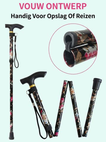 Luxe Opvouwbare - Verstelbare Wandelstok Zwarte Bloemen, Verzenden, Opvouwbaar, Nieuw
