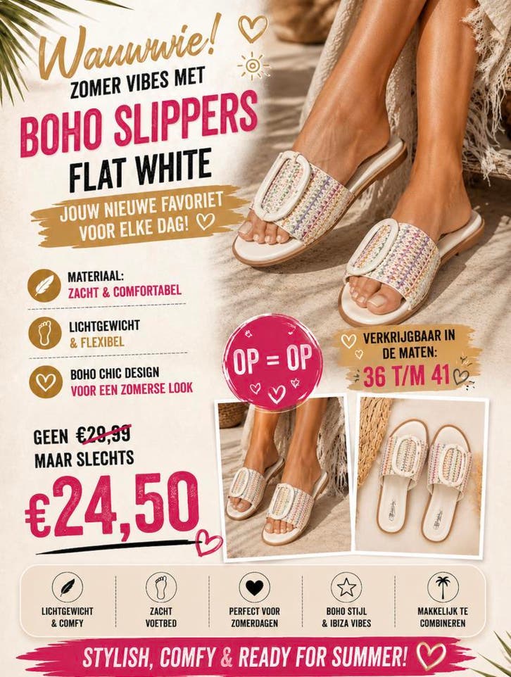 Boho Slippers Flat white, Kleding | Dames, Schoenen, Slippers, Wit, Nieuw, Ophalen of Verzenden