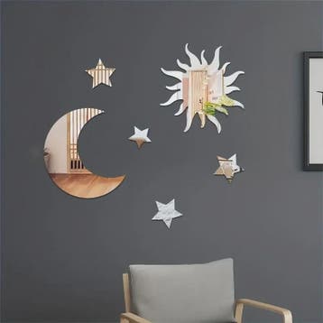 Set van 6 Spiegel Wandstickers: Zon, Maan & Sterren - Decora, Huis en Inrichting, Woonaccessoires | Spiegels, Verzenden, Nieuw