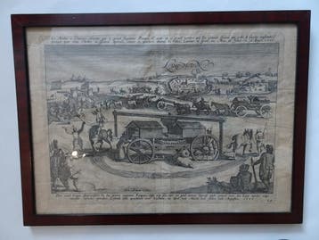 Gravure meelwagen bij beleg Lochem Spinola 1606 monogram HVD, Antiek en Kunst, Kunst | Etsen en Gravures, Verzenden
