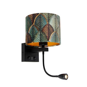Wandlamp zwart met velours lampenkap blad dessin met gouden, Verzenden, Nieuw