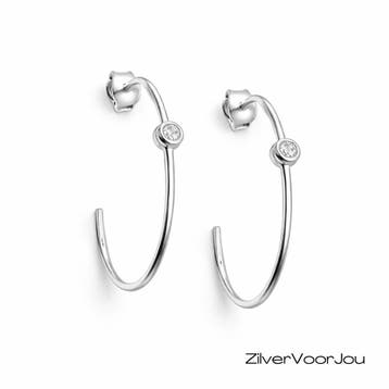 Zilveren halve cirkel met witte zirkoon oorringen, Verzenden, Nieuw, Zilver