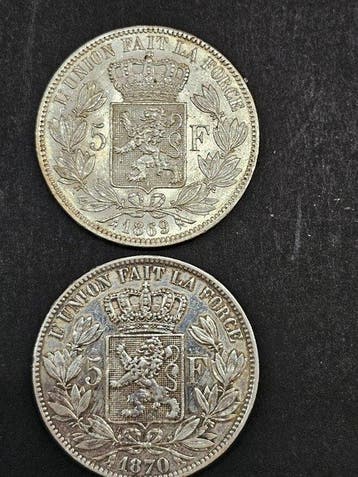België. 5 Francs 1869 + 1870 (Zonder minimumprijs), Postzegels en Munten