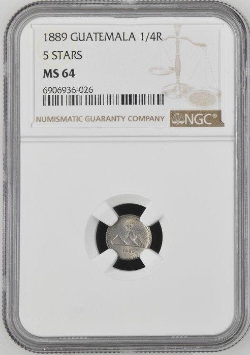 Guatemala. 1/4 Real 1889 - NGC MS64, Postzegels en Munten, Munten | Europa | Niet-Euromunten