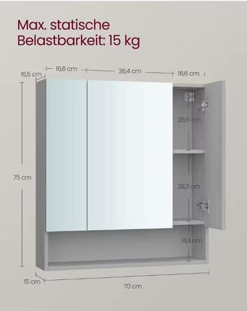 Badkamer Spiegelkast 3 Deuren –Wandkast met Open Vak en Plan, Verzenden, Nieuw