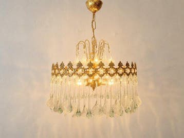 Lamp - Italiaanse kroonluchter met artistiek glas,, Antiek en Kunst, Antiek | Lampen