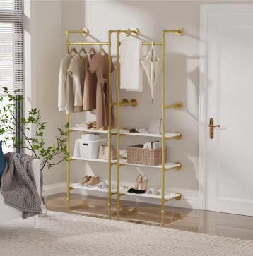 Industriële Wandkapstok met 3 Planken – Goud Wit Kledingrek, Verzenden, Nieuw