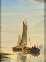 Henk de Hoog (XX-XXI) - A fishing vessel on calm sea, Antiek en Kunst, Kunst | Schilderijen | Klassiek