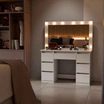 Kaptafel / Schminktafel Lilia - Incl. LED en Lades - Wit, Verzenden, Nieuw