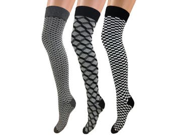 3 paar Overknee kousen - Grafisch - Zwart/Grijs/Wit, Verzenden, Nieuw
