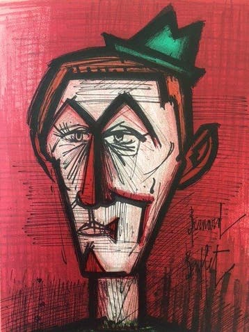 Bernard Buffet (1928-1999) - Le Clown au fond rouge, Antiek en Kunst