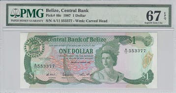 1987 Belize 1 Dollar Pick 46c Pmg Superb Gem Unc 67 Epq, Verzenden