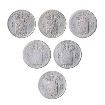 Nederlands-Indië. 1/4 Gulden 1854 t/m 1885 (6 verschillende), Postzegels en Munten, Munten | Nederland