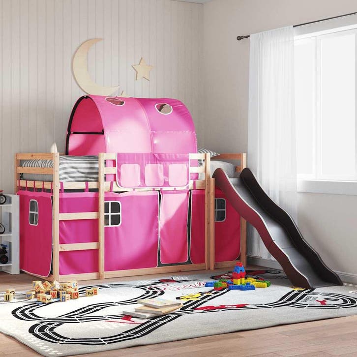 vidaXL Stapelbed met glijbaan en gordijnen roze 80x200 cm, Huis en Inrichting, Slaapkamer | Bedden, 80 cm, 200 cm, Eenpersoons