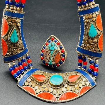 Vintage Berberse stamkraag met bijpassende ring – Lapis