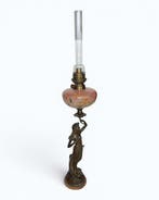 Petroleumlamp - Brons, Glas - Olielamp gesigneerd CA, Antiek en Kunst