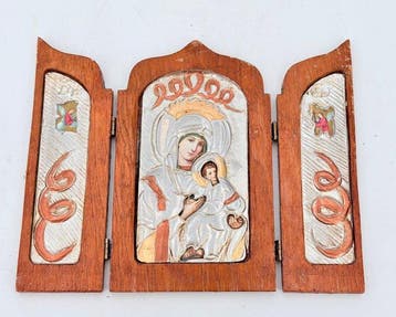 Antiek Drieluik - Hout, Verzilverd - 1950-1960 - Maagd Maria