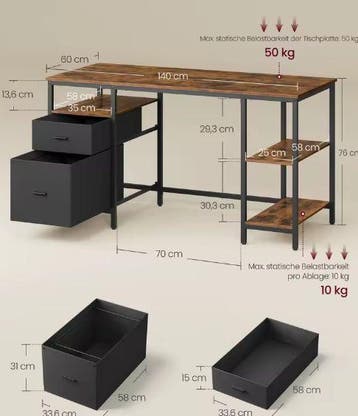 Bureau 60×140×76 cm met 3 Planken en 2 Lades – Industrieel, Verzenden, Nieuw