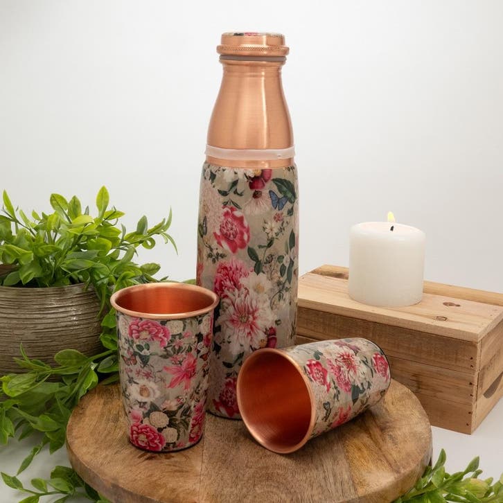 Puur koperen set van fles bloemenprint wit ± 950 ml met 2, Huis en Inrichting, Keuken | Keukenbenodigdheden, Ophalen of Verzenden
