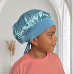 Blauw Satijnen slaapmuts met bandjes (kinderen / kindermaat, Ophalen of Verzenden, Nieuw