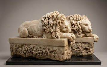 sculptuur, Coppia leoni - 16 kg - 31 cm - Carrara-marmer.