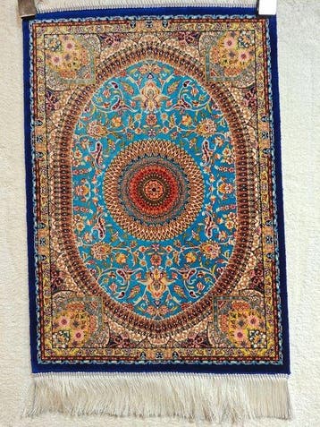Turkooisblauw en goud luxe zijden tapijt / klein wandtapijt, Nieuw