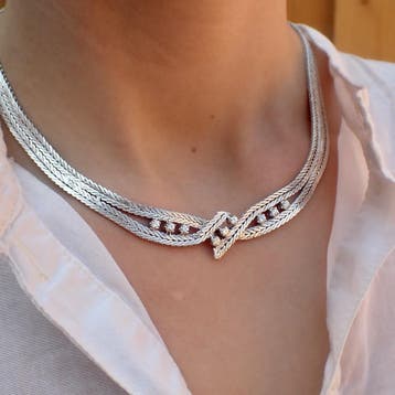 Witgouden visgraat schakelcollier met diamant; 0,63 ct., Sieraden, Tassen en Uiterlijk, Gebruikt, Ophalen of Verzenden, Met edelsteen