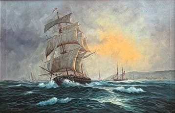 David Short (b.1940-) - Ship At Full Mast At Sunset