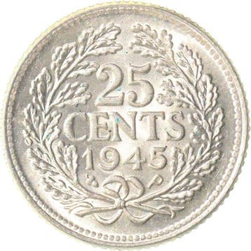 Nederland. Wilhelmina. 25 Cent 1945 EP ZELDZAAM type