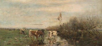 Willem Maris (1844-1910) - Cows watering in the meadow, Antiek en Kunst