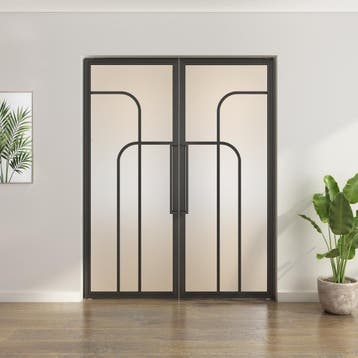 Dubbele stalen taatsdeur - Zwart - 4 Vlaks rond - Mat glas, Minder dan 80 cm, Overige typen, Nieuw, Metaal