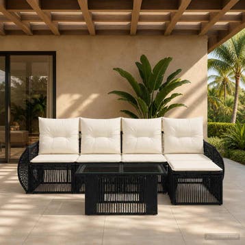 vidaXL Tuinbankenset 6 st Zwart en Cream Wit poly rattan, Verzenden, Nieuw