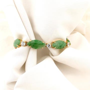 Gouden gourmetschakel armband met jade en zirconia, Gebruikt, Ophalen of Verzenden, Met edelsteen, Goud