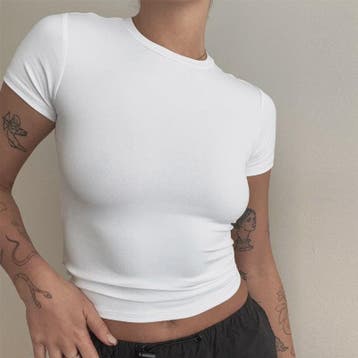 Dames Slim Fit Gebreid T-shirt met Ronde Hals - Korte Mouwen, Kleding | Dames, Verzenden, Nieuw