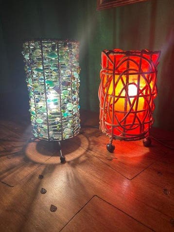 Tafellamp (2) - Rattan, Textiel, Metaal, Glas, Steen