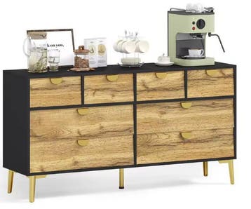 Dressoir 150 cm – 8 Lades, Zwart & Houtlook, Metalen Grepen, Huis en Inrichting, Verzenden, Nieuw