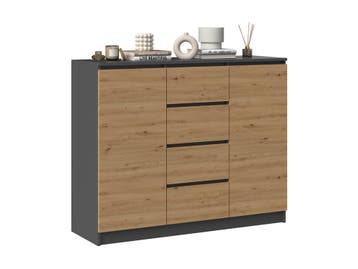 Dressoir 120 cm Breed-Antraciet Eiken-4 Lades Antraciet E..., Huis en Inrichting, 100 tot 150 cm, Verzenden, Nieuw, Met lade(s)