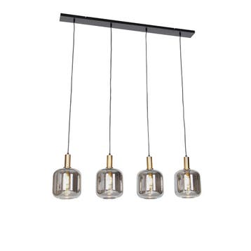 Design hanglamp zwart met goud en smoke glas 4-lichts -, Verzenden, Nieuw, Glas, Design
