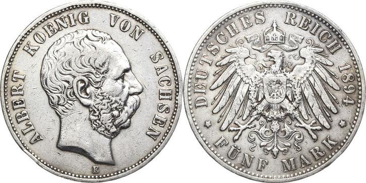 5 Mark 1894 Sachsen Albert 1873-1902, Postzegels en Munten, Munten | Europa | Niet-Euromunten, Verzenden