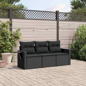 vidaXL 3-delige Loungeset met kussens poly rattan zwart, Verzenden, Nieuw, Loungeset