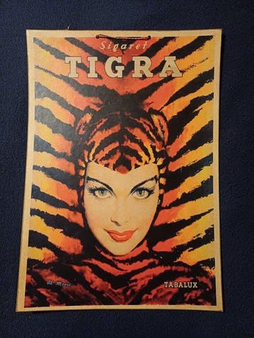 Tigra Tabalux - Kartonnen publiciteit Tigra sigaretten - Al, Antiek en Kunst