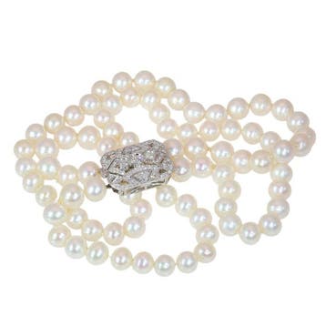 Halsketting - 18 karaat Witgoud Parel - Diamant - Vintage, Nieuw