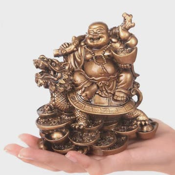Gouden Lachende Boeddha Beeld met Draak en Schildpad - Feng, Verzenden