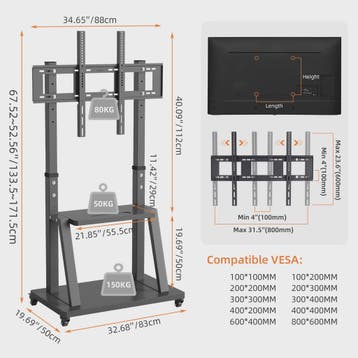 Robuuste Mobiele TV Trolley met Verstelbare Hoogte en 2 Opbe, Verzenden, Nieuw